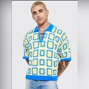 Short Sleeve Boxy Fit Revere Crochet Polo